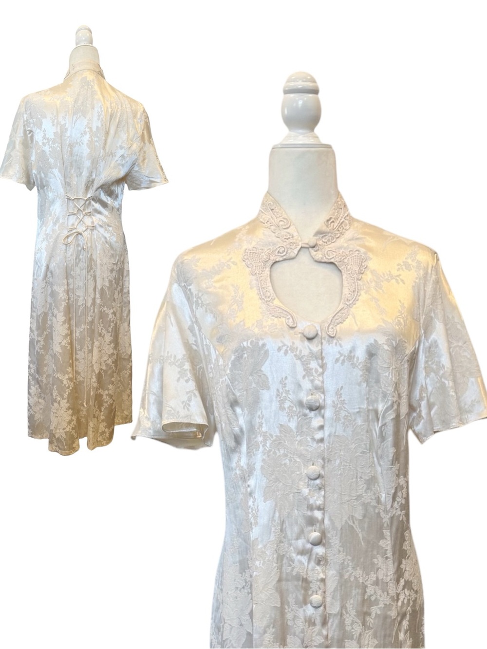 Vintage Silky Satin Jacquard Keyhole Choker Corset Back Ivory White Midi Dress